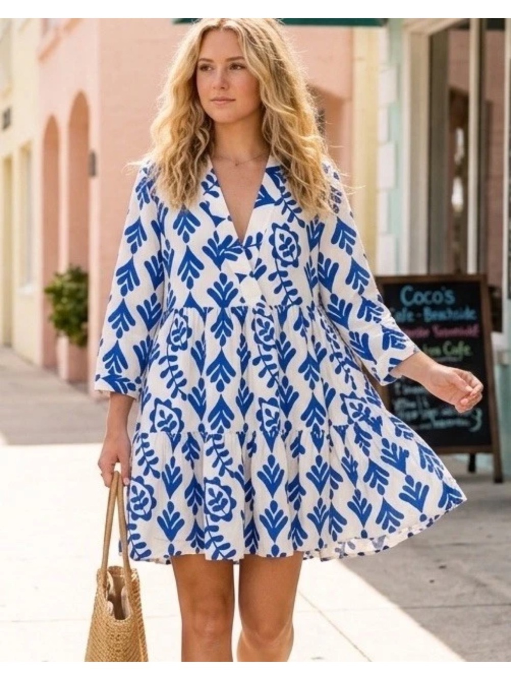 Zara Carrie White and Cobalt Blue Printed V-Neck Dress - Picture 3 of 6